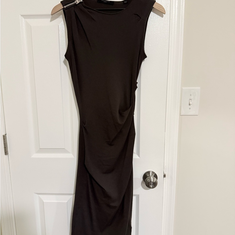 All Saints   Bodycon Midi Dress with Shoulder Zipper and Side Ruche